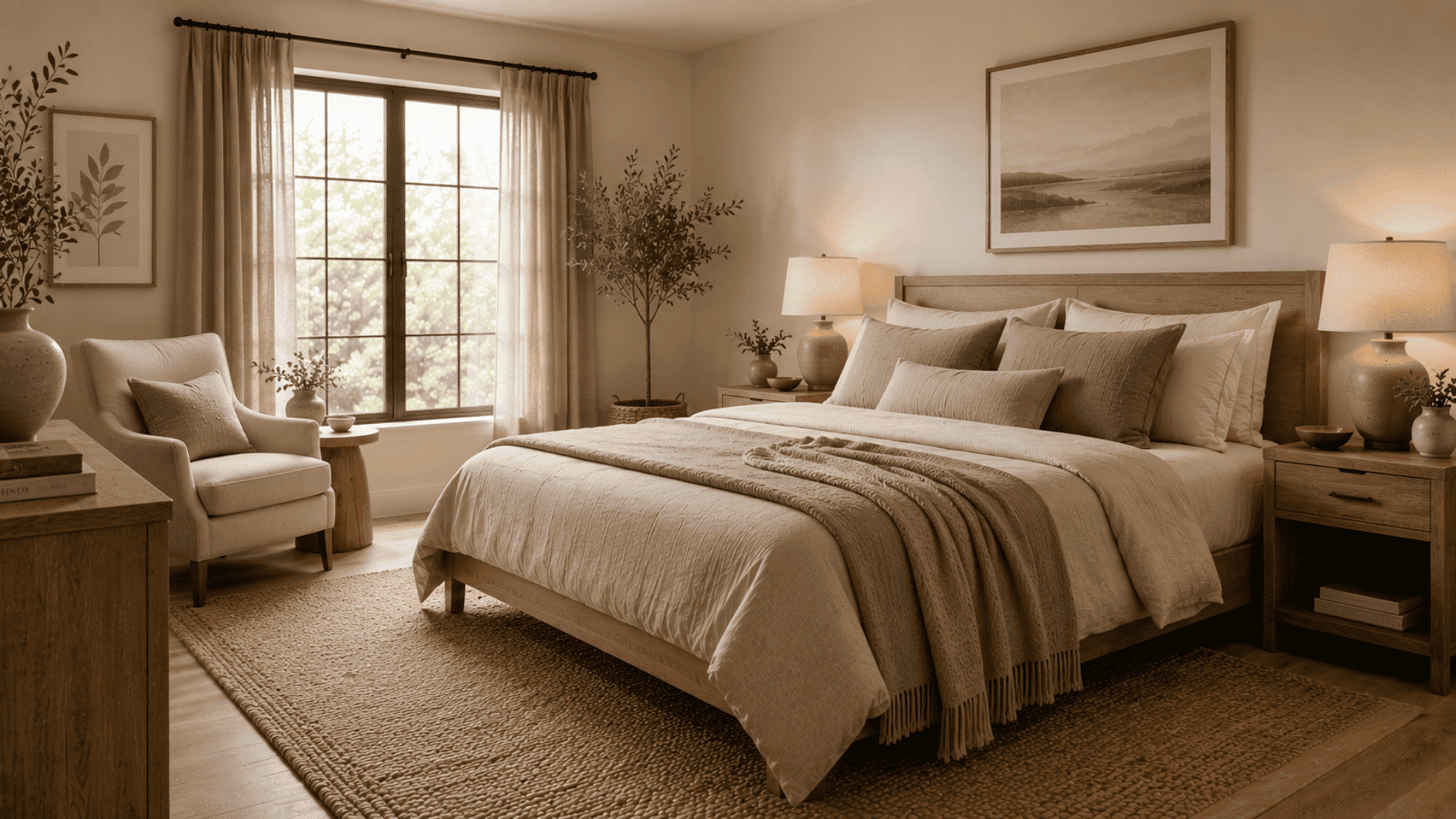 organic modern bedroom with beige and taupe bedding layered textures and natural wood furniture