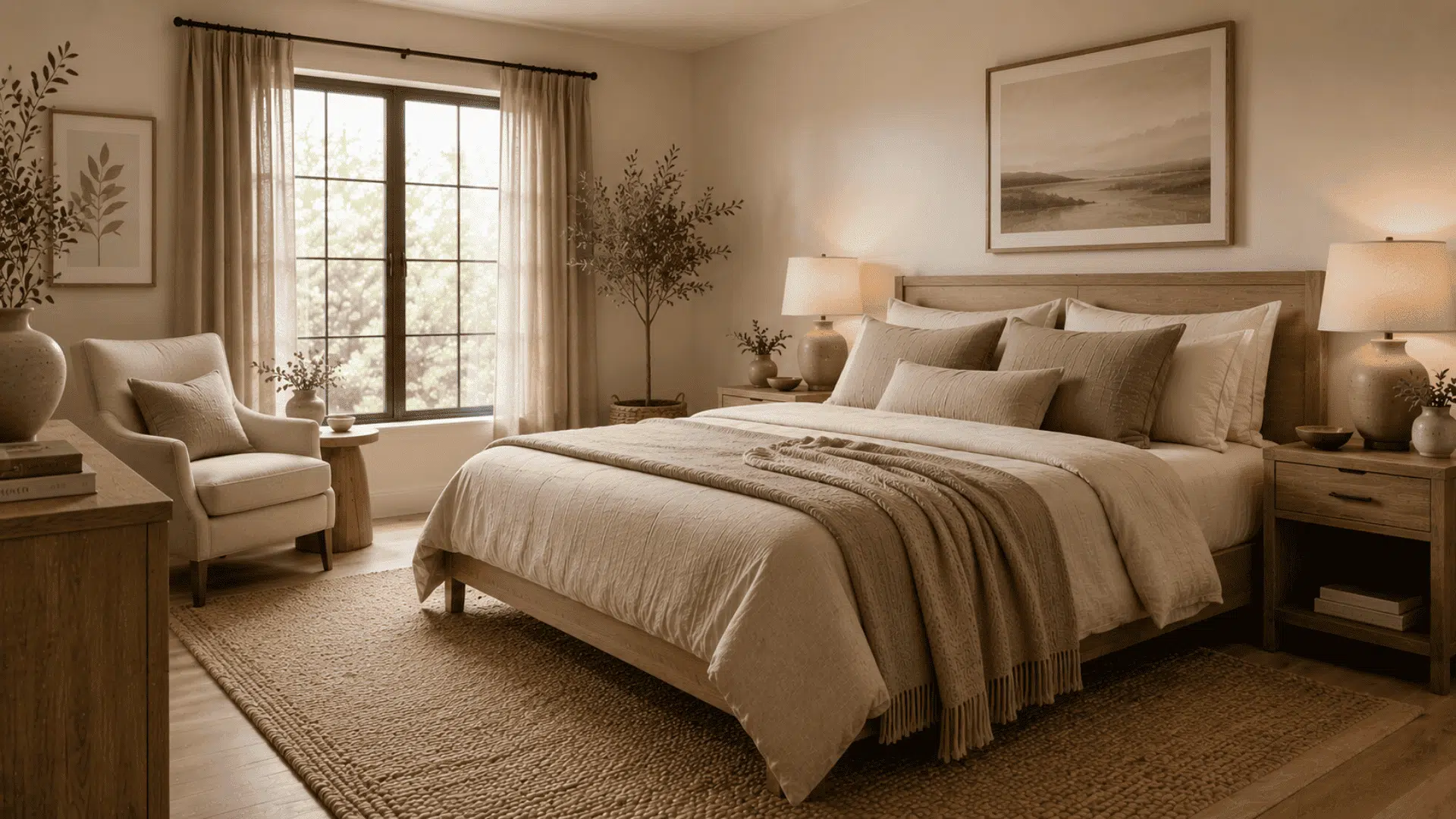 organic modern bedroom with beige and taupe bedding layered textures and natural wood furniture