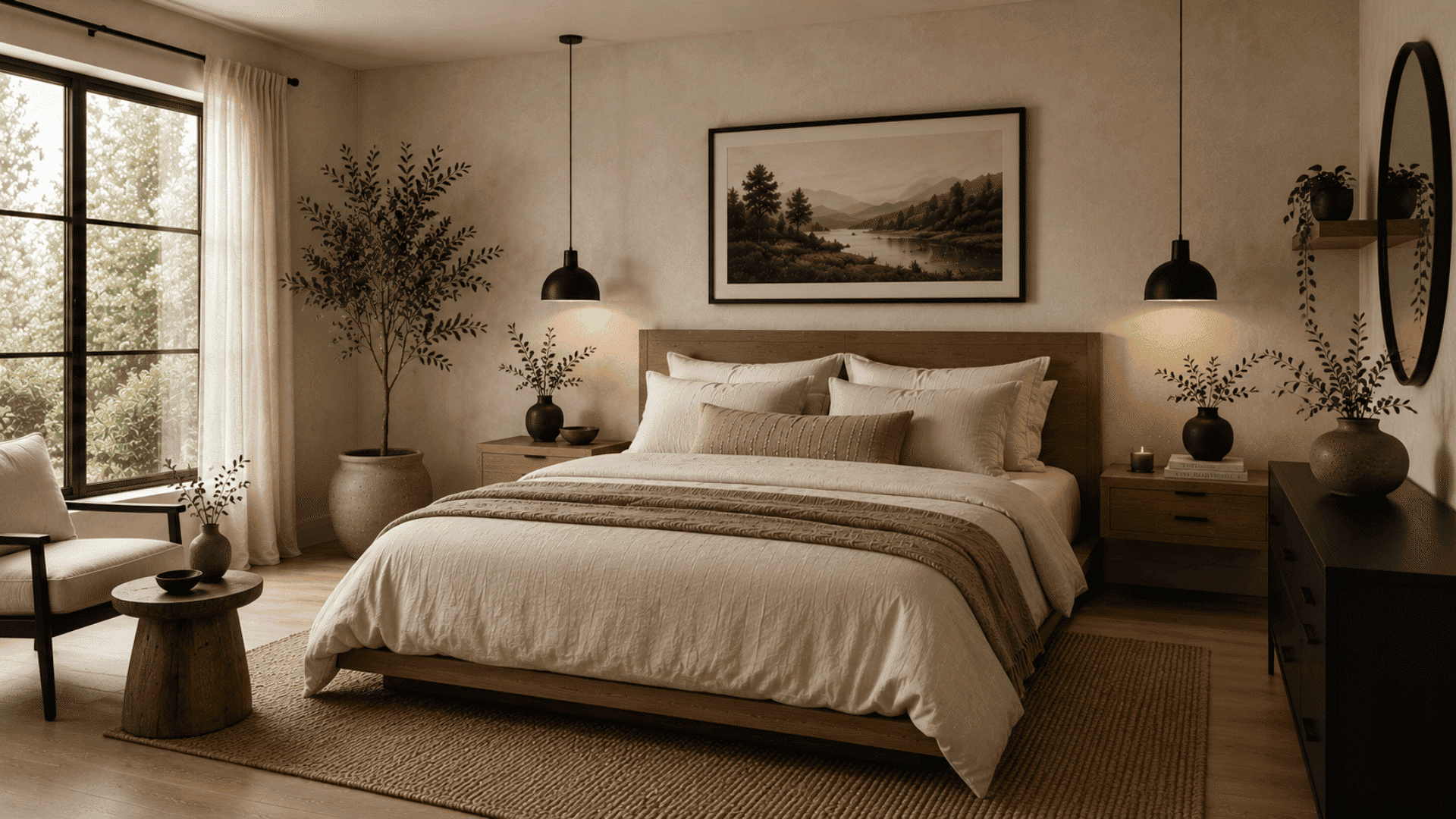 organic modern bedroom with black accents warm wood furniture and soft neutral textiles