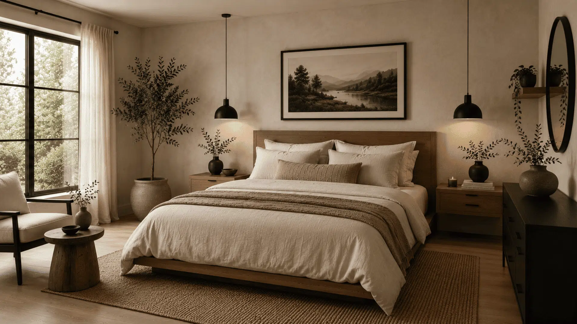 organic modern bedroom with black accents warm wood furniture and soft neutral textiles