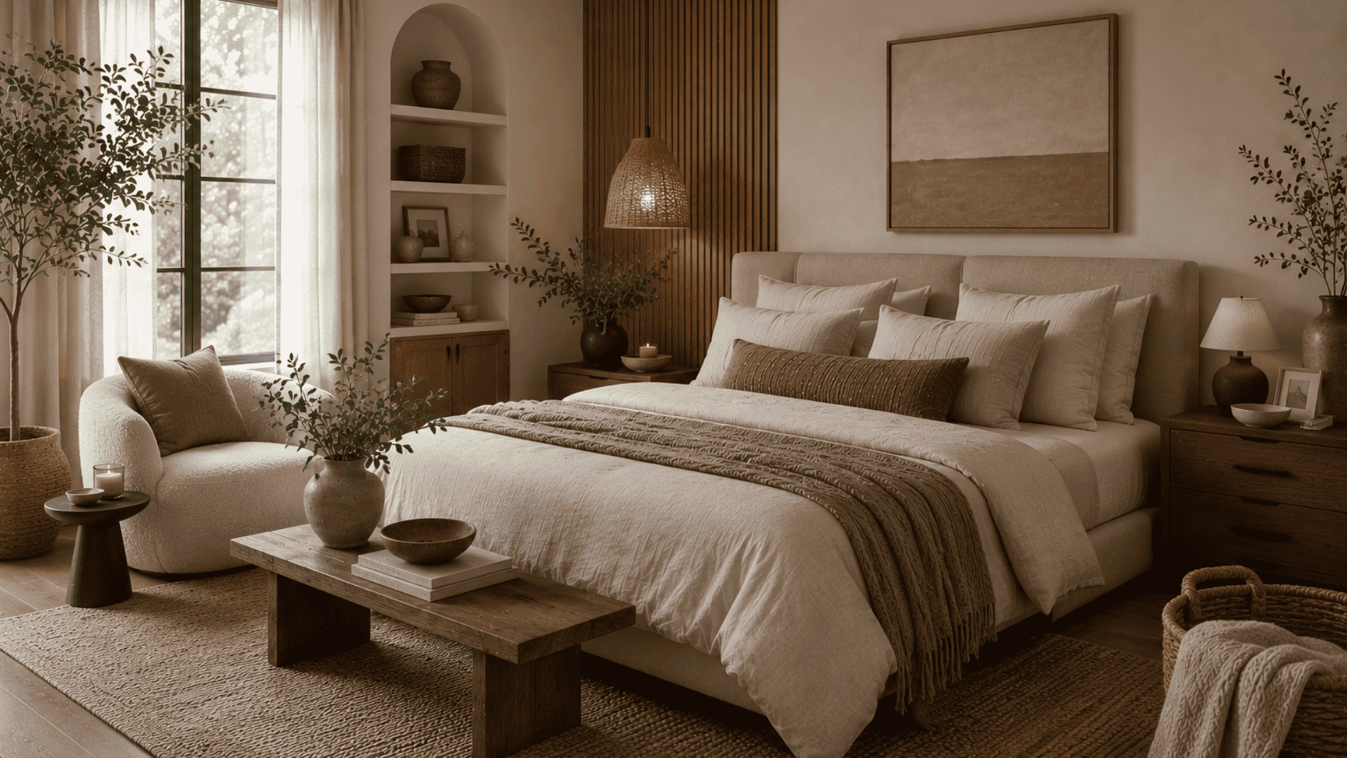 organic modern bedroom with boucle seating woven baskets textured rugs and layered materials