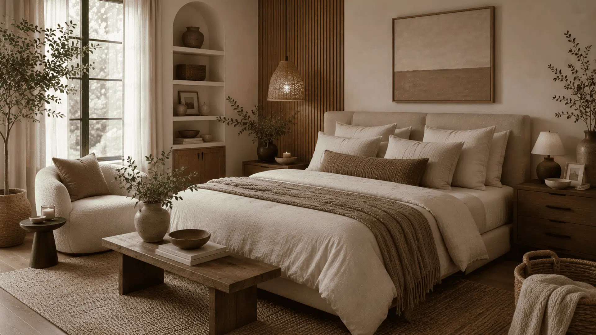 organic modern bedroom with boucle seating woven baskets textured rugs and layered materials