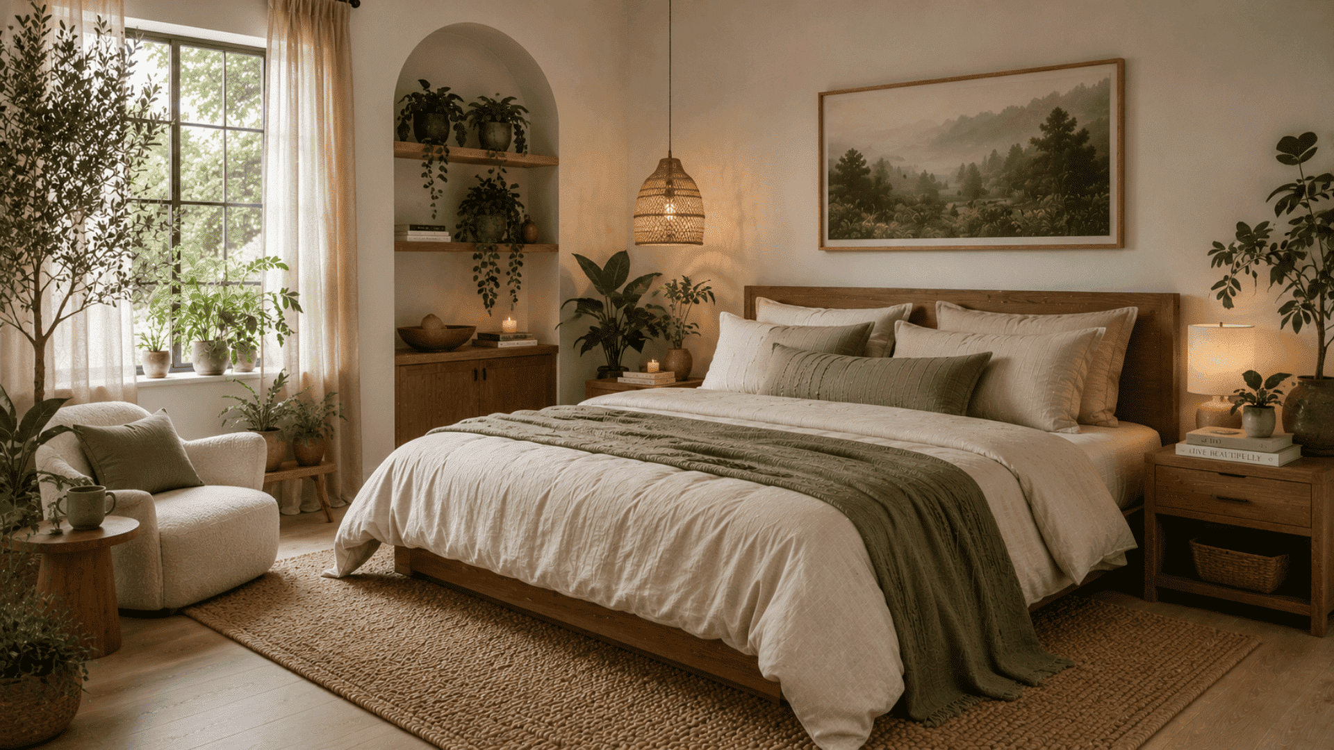 organic modern bedroom with ceramic vases stone accents handcrafted decor and warm wood finishes