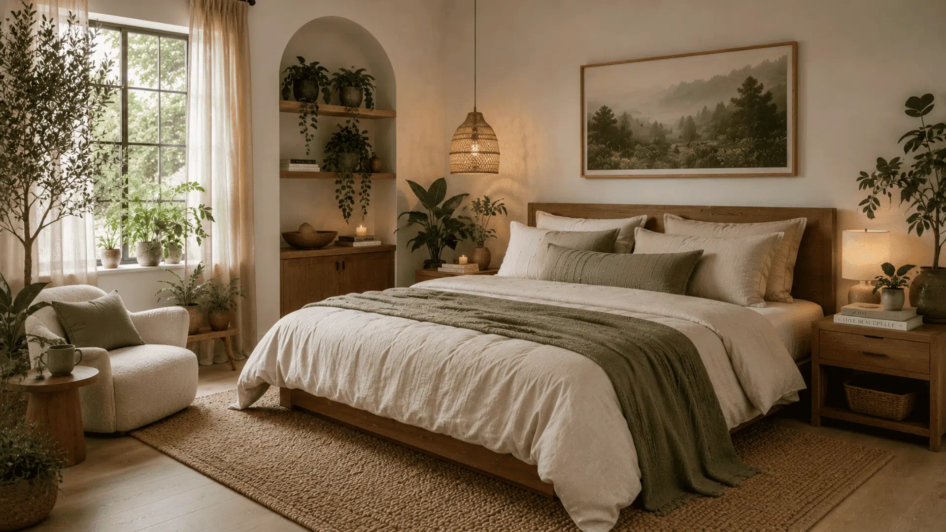 organic modern bedroom with ceramic vases stone accents handcrafted decor and warm wood finishes