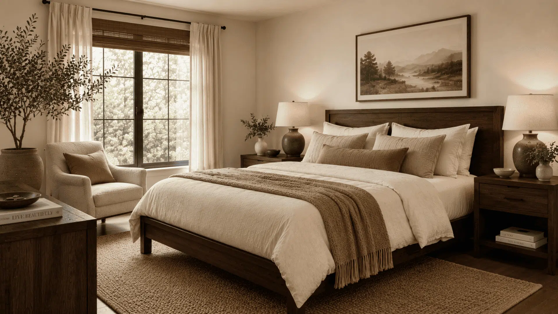 organic modern bedroom with dark wood furniture cream bedding and layered natural textures