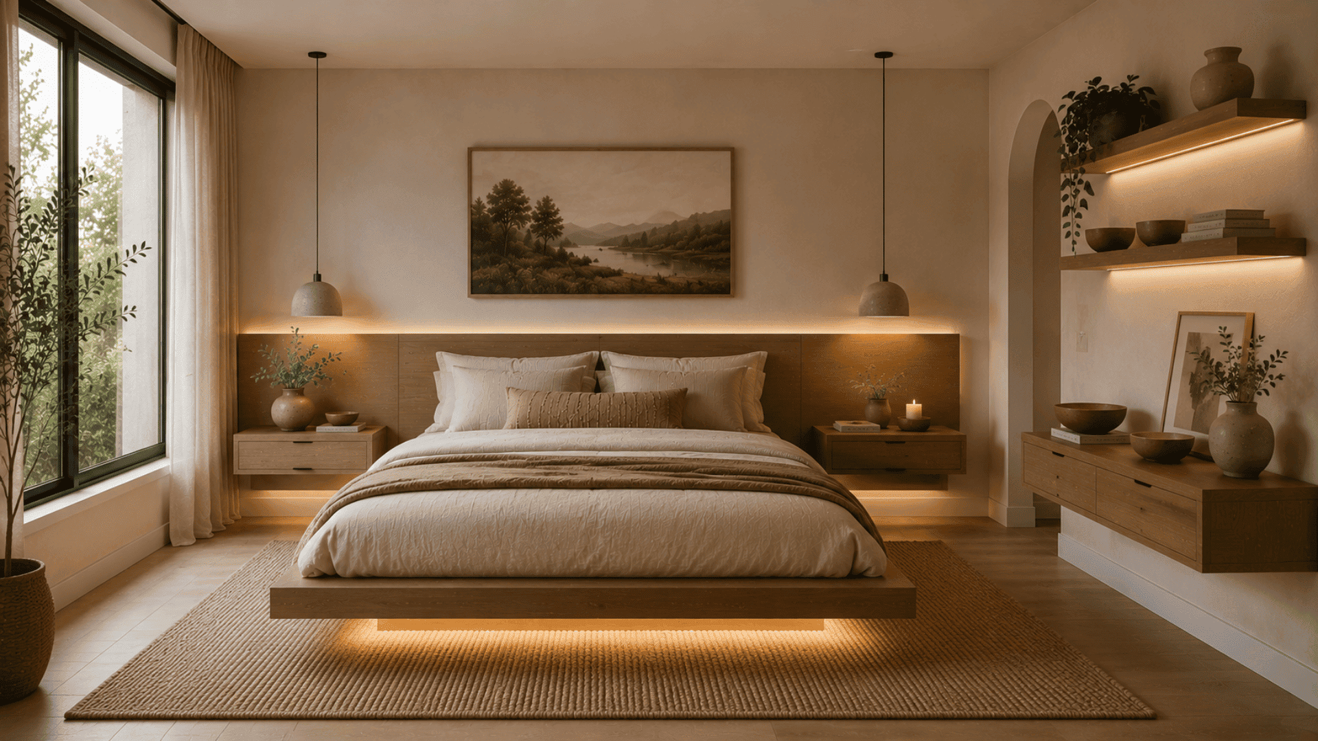 organic modern bedroom with floating nightstands wood shelves and clean minimalist styling