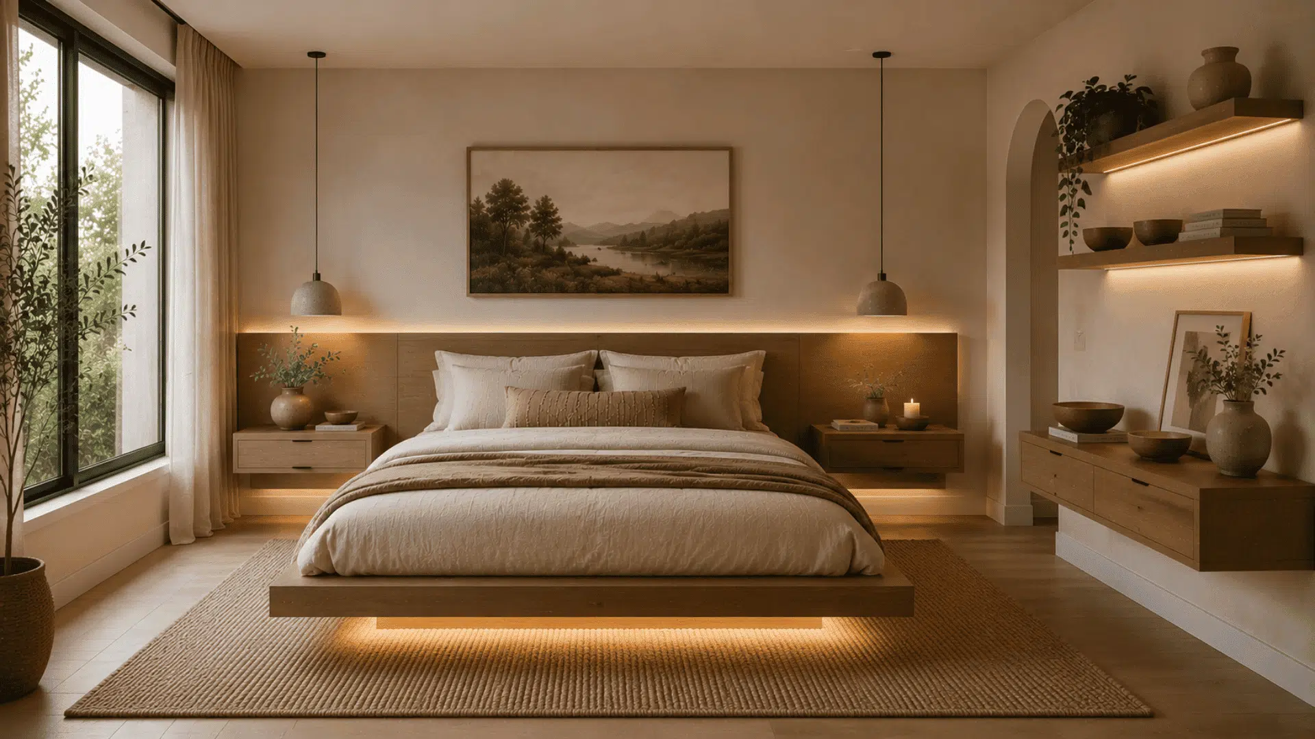 organic modern bedroom with floating nightstands wood shelves and clean minimalist styling