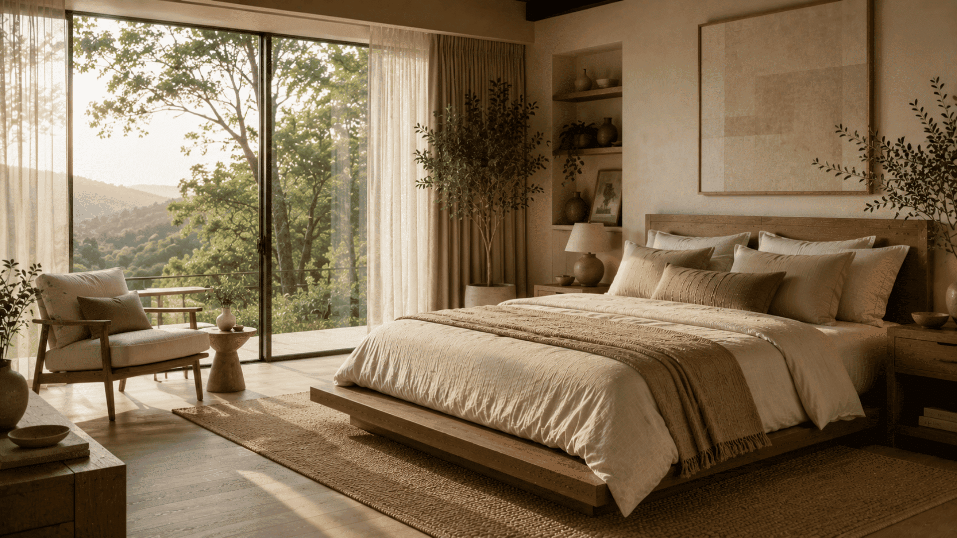 organic modern bedroom with indoor plants natural wood furniture and soft neutral textiles