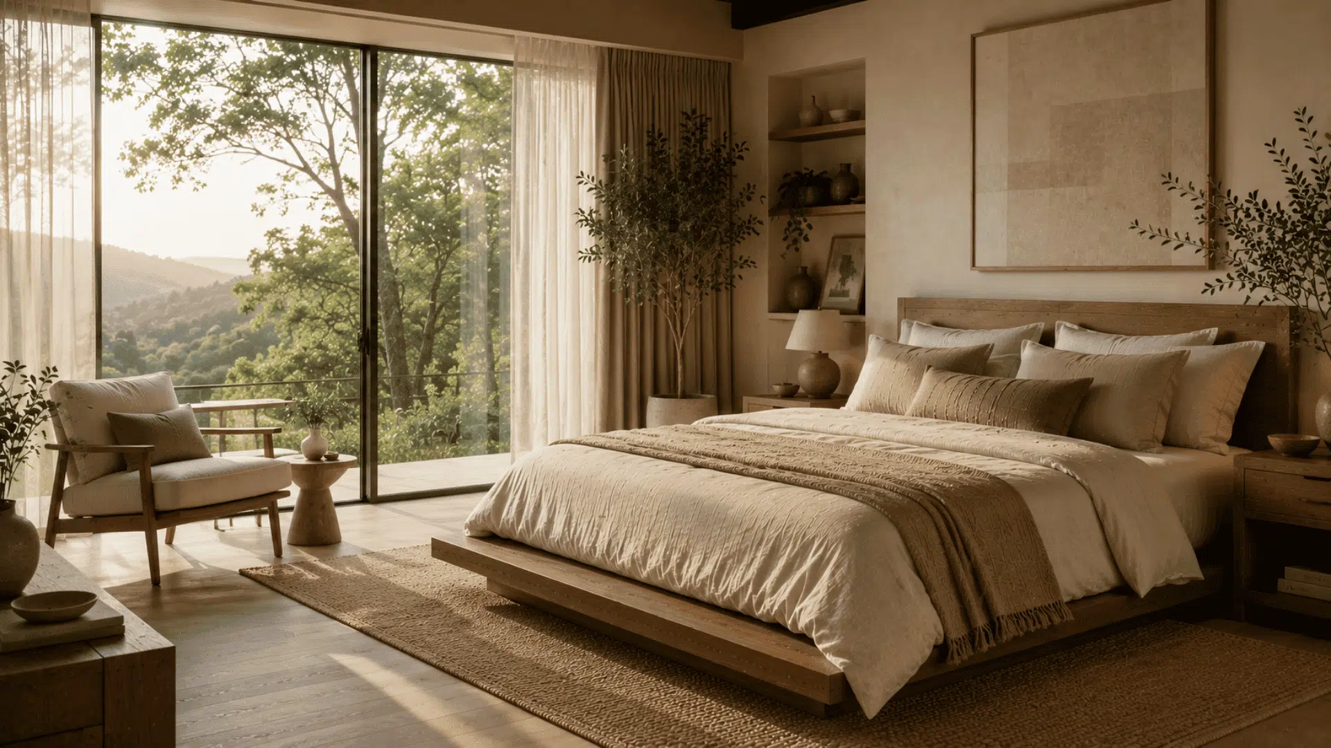 organic modern bedroom with indoor plants natural wood furniture and soft neutral textiles