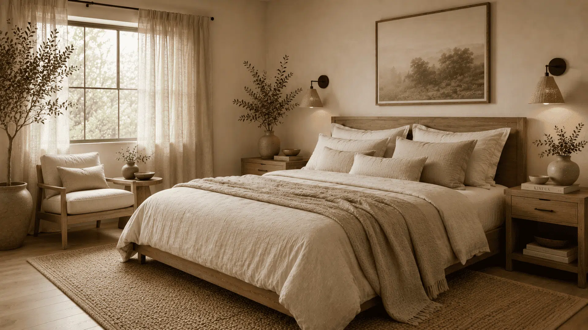 organic modern bedroom with linen bedding soft curtains textured cushions and warm wood tones