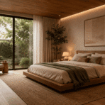 organic modern bedroom with natural wood furniture neutral bedding warm lighting and indoor plants