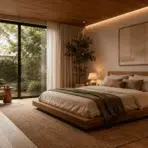 organic modern bedroom with natural wood furniture neutral bedding warm lighting and indoor plants