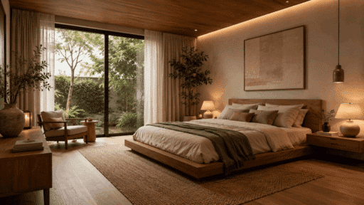 organic modern bedroom with natural wood furniture neutral bedding warm lighting and indoor plants