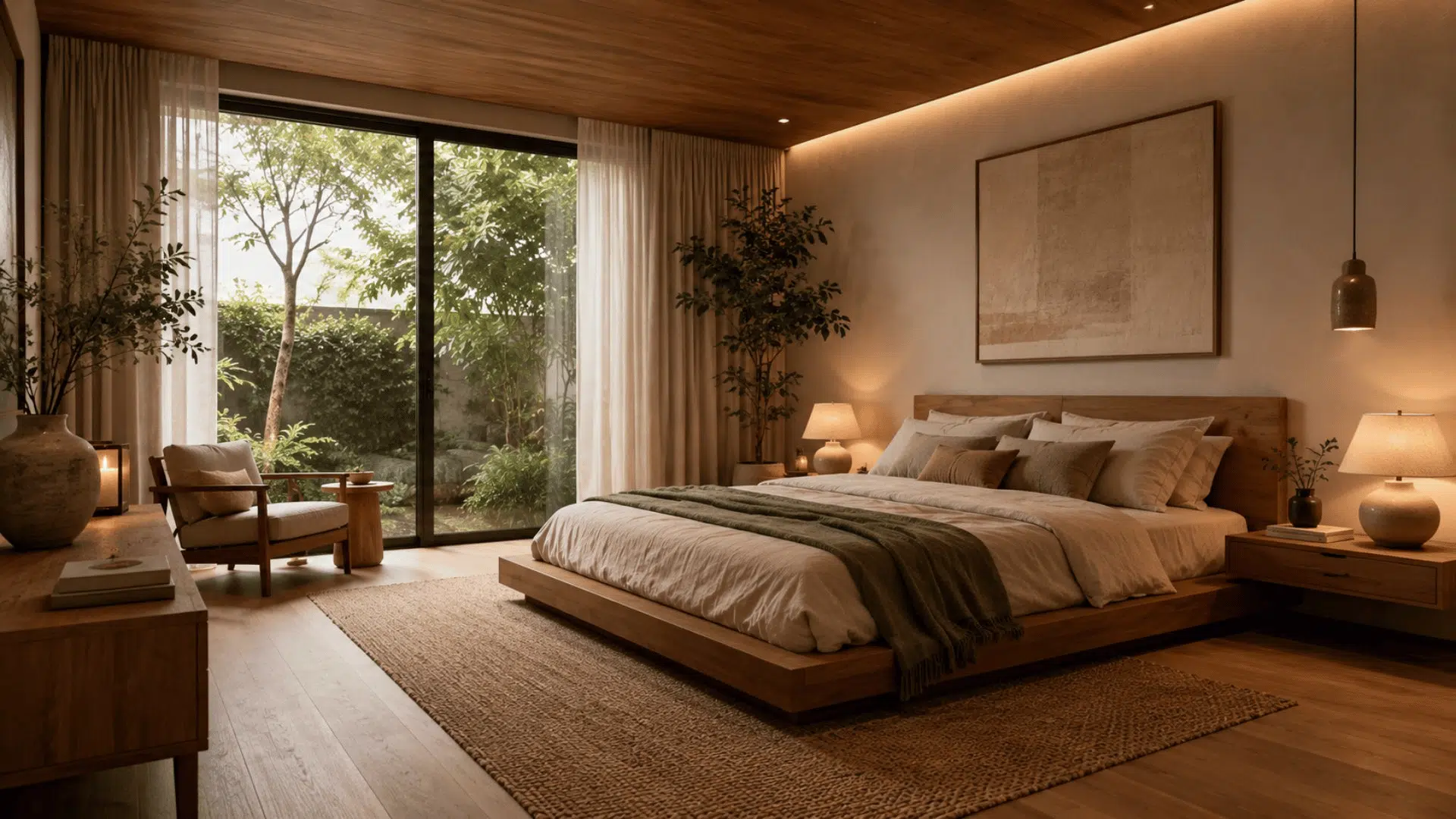 organic modern bedroom with natural wood furniture neutral bedding warm lighting and indoor plants