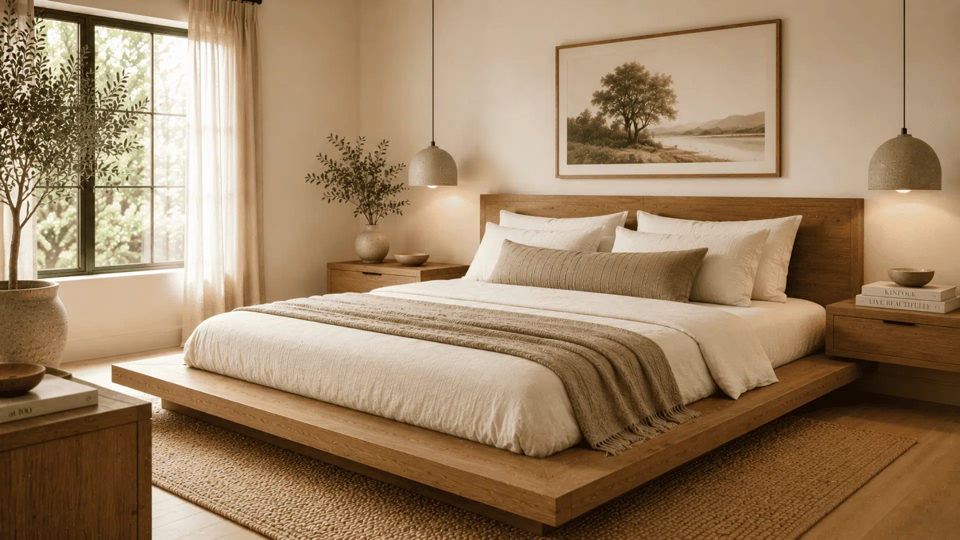 organic modern bedroom with natural wood platform bed neutral bedding and minimalist decor