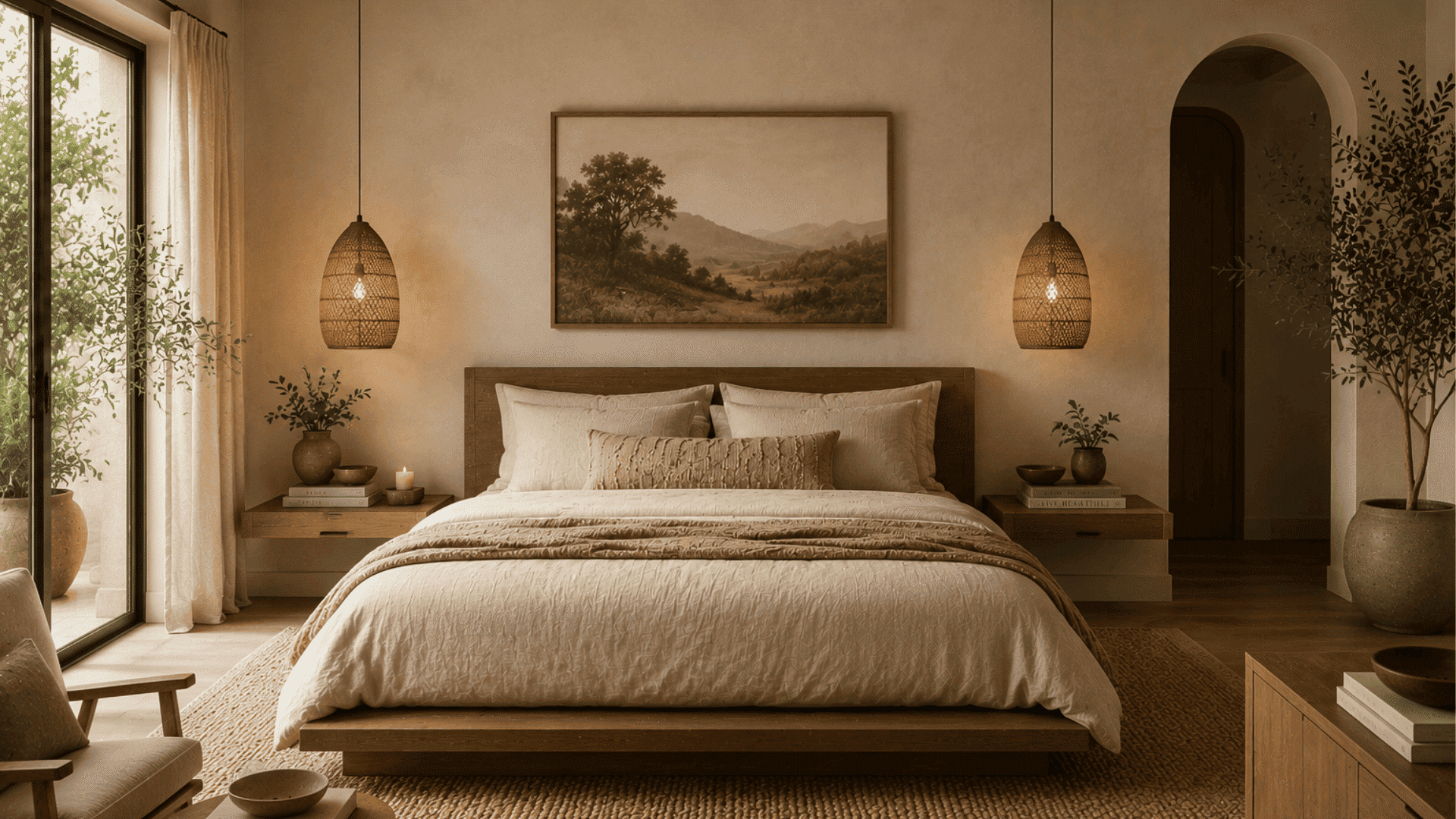 organic modern bedroom with pendant lighting warm wood furniture and layered neutral bedding