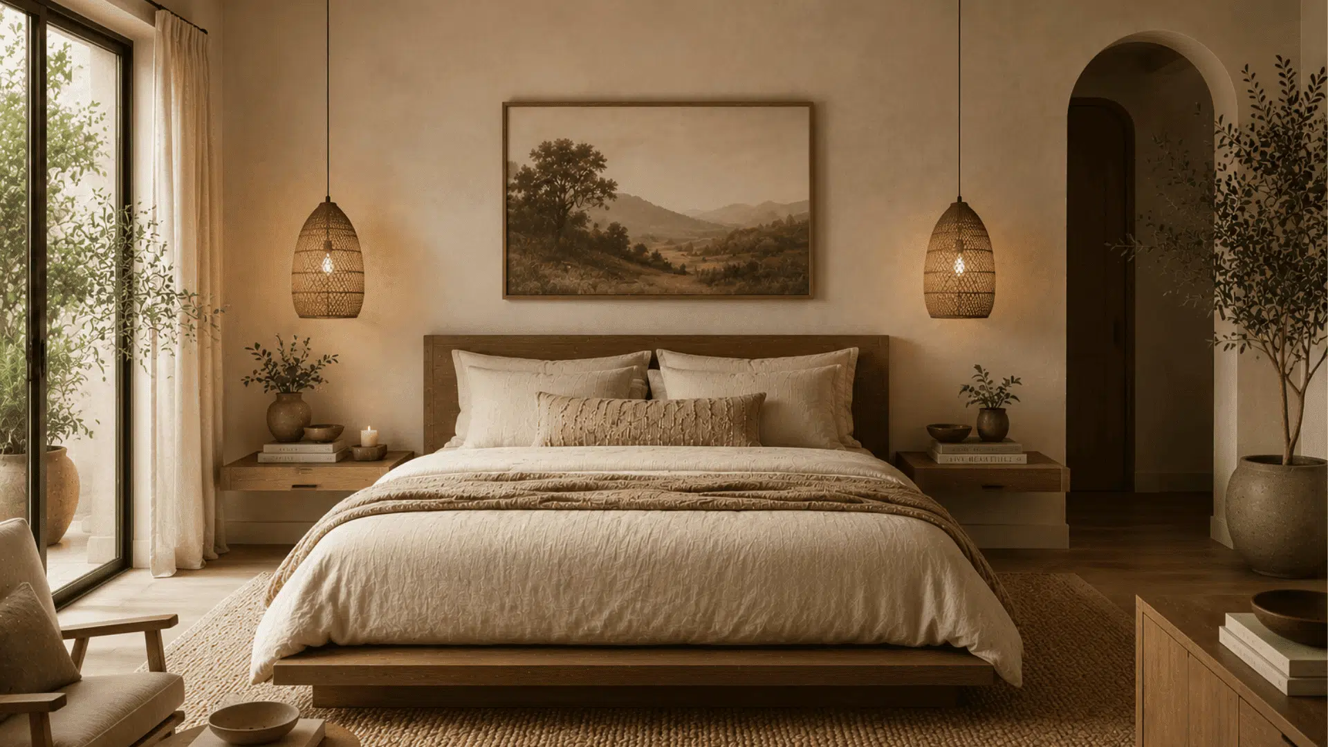 organic modern bedroom with pendant lighting warm wood furniture and layered neutral bedding