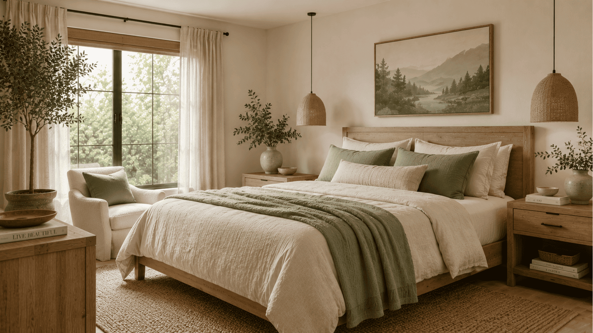 organic modern bedroom with sage green accents natural wood furniture and indoor greenery