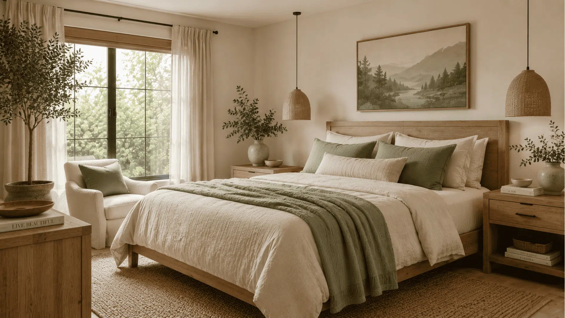 organic modern bedroom with sage green accents natural wood furniture and indoor greenery