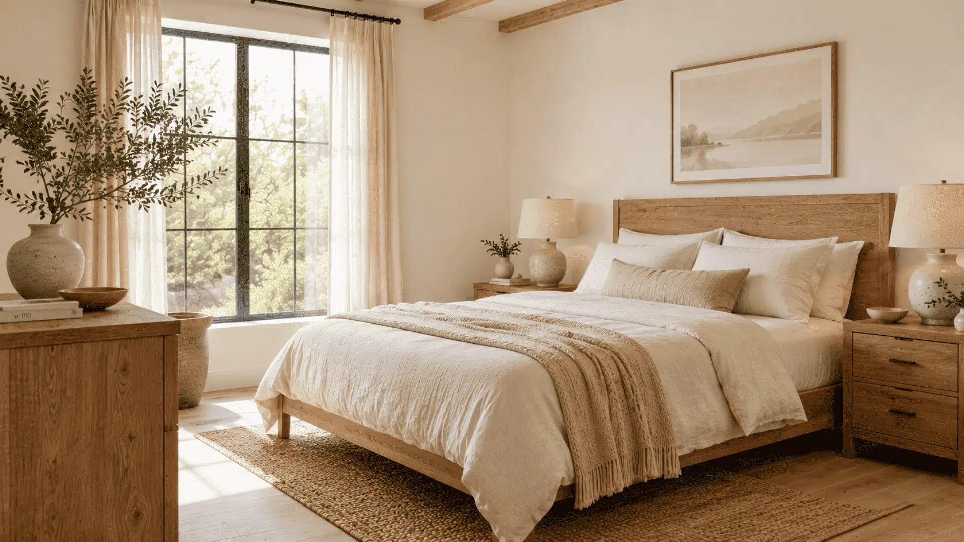 organic modern bedroom with warm white walls oak furniture linen bedding and woven accents