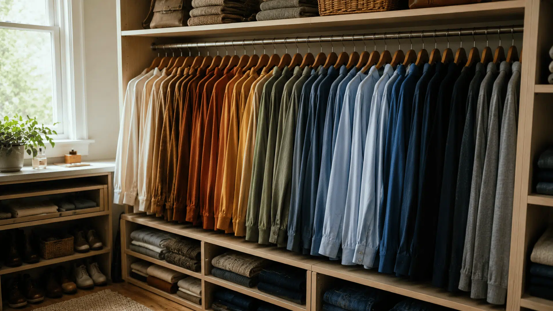 organized closet with shirts arranged from warm earth tones to cool blues and grays on wooden hangers in natural light
