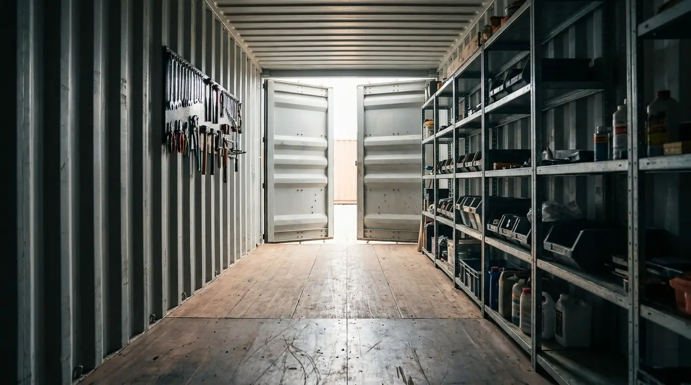 Narrow storage container interior with open double doors and organized tools on walls and shelves