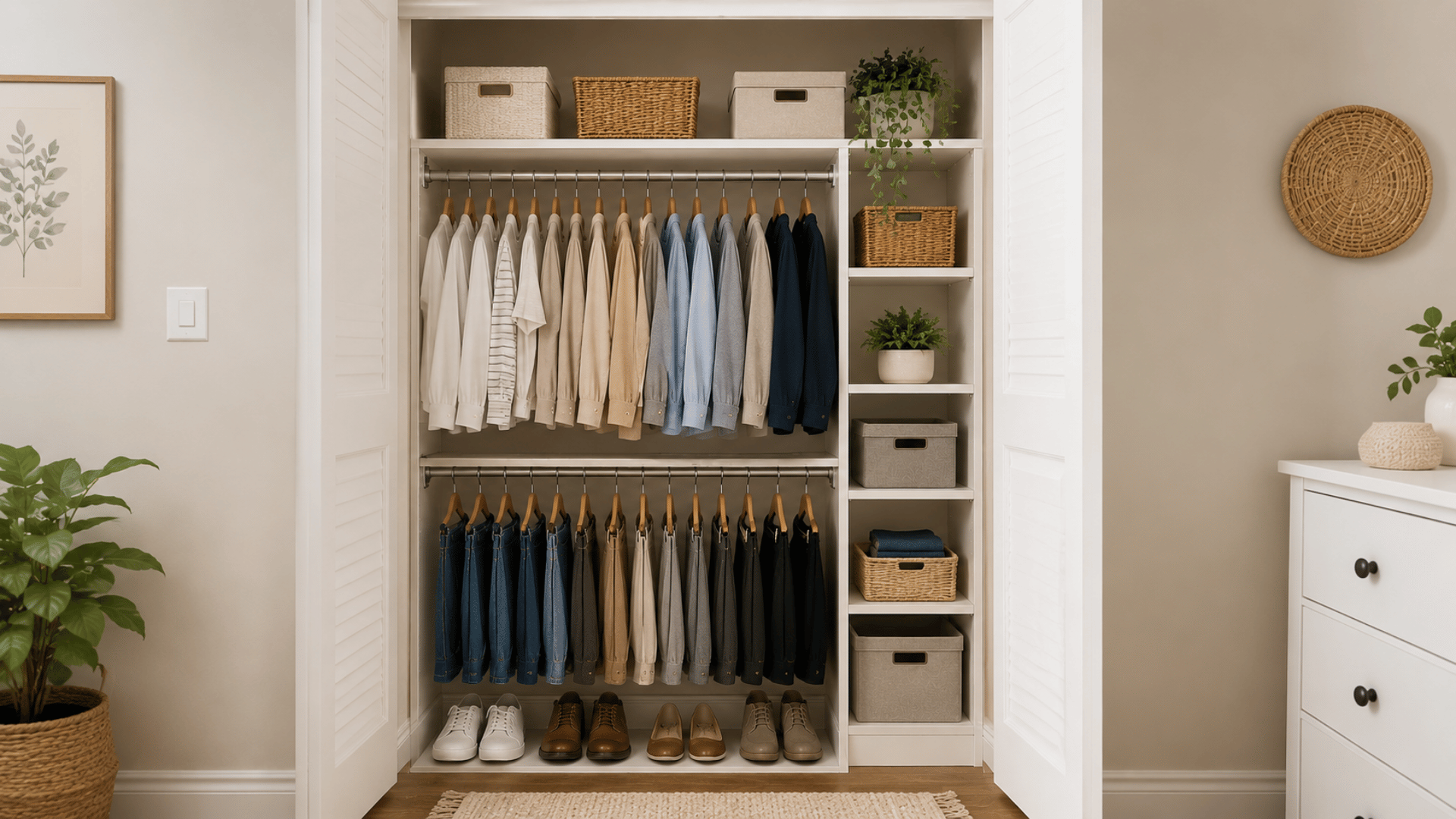 organized small reach in closet with double hanging rods shelving baskets and efficient storage