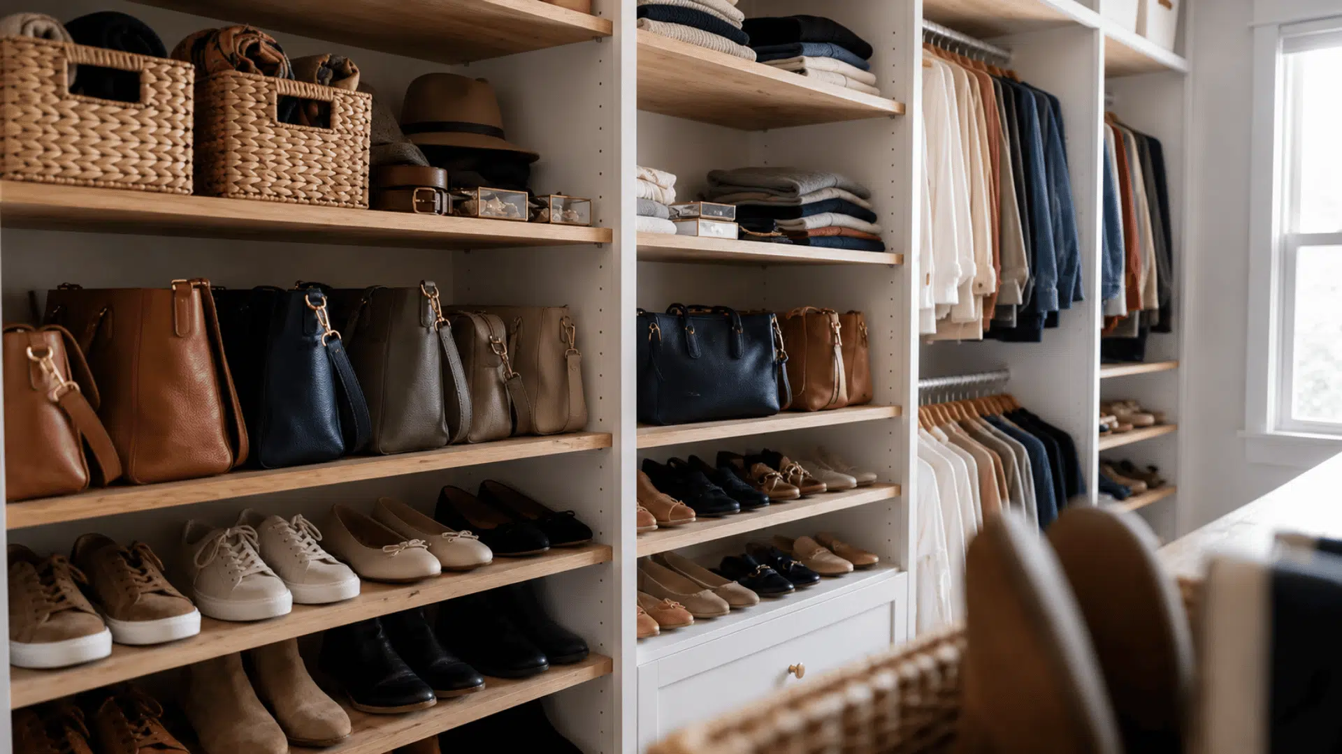 organized walk in closet with neatly arranged handbags shoes folded clothing and hanging garments in natural light