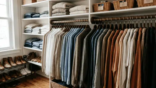 organized walk in closet with neatly hung shirts folded sweaters woven baskets and shoes on shelves