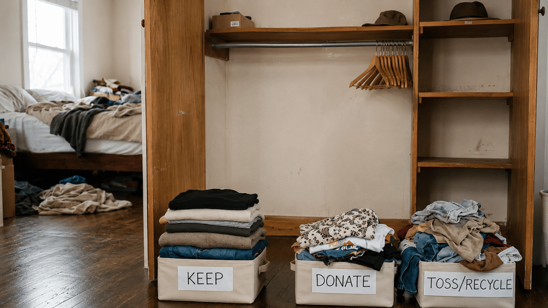 organized wardrobe sorting scene with folded clothes in labeled bins beside an open wooden closet and shelves