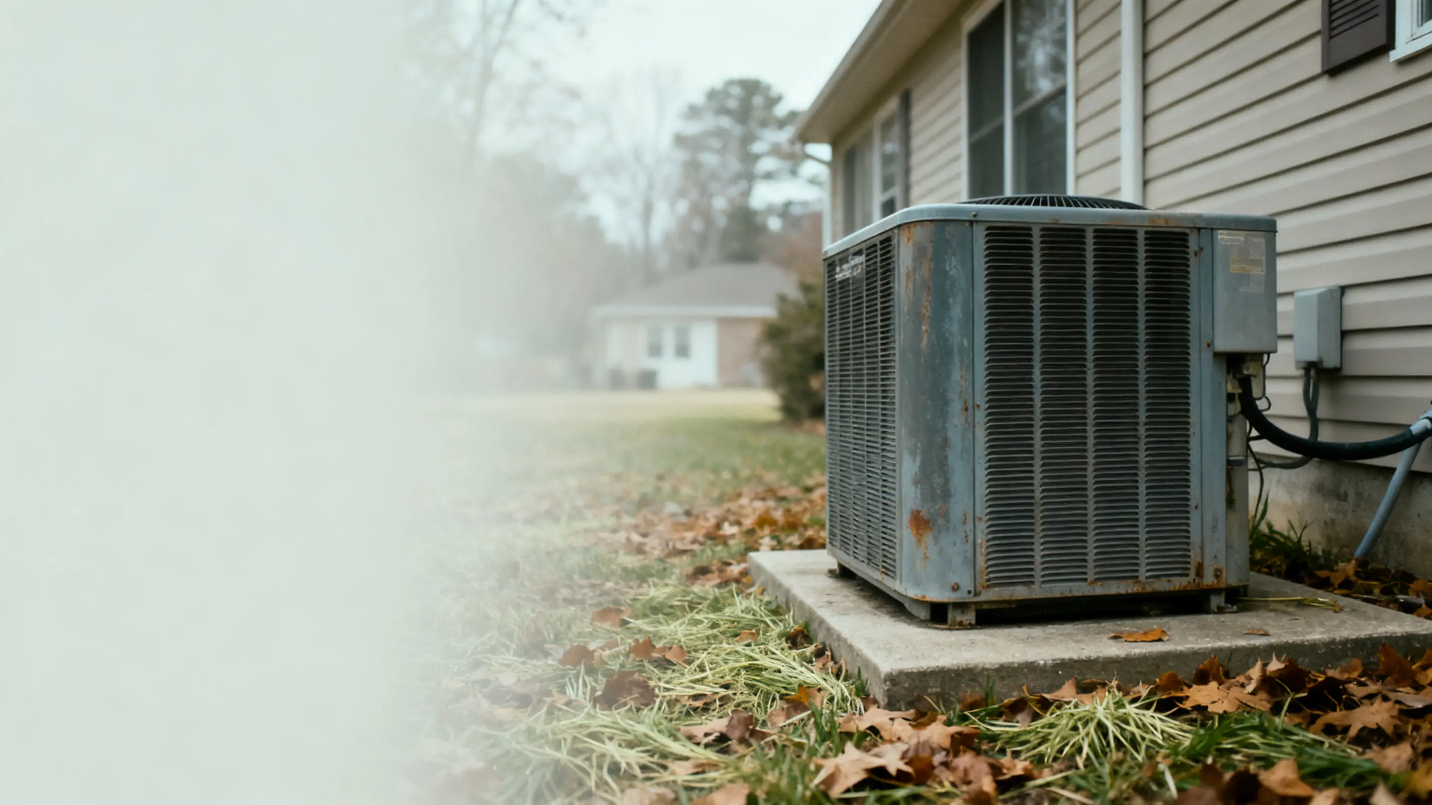 Outdoor air conditioning unit beside house surrounded by fallen leaves on grassy yard