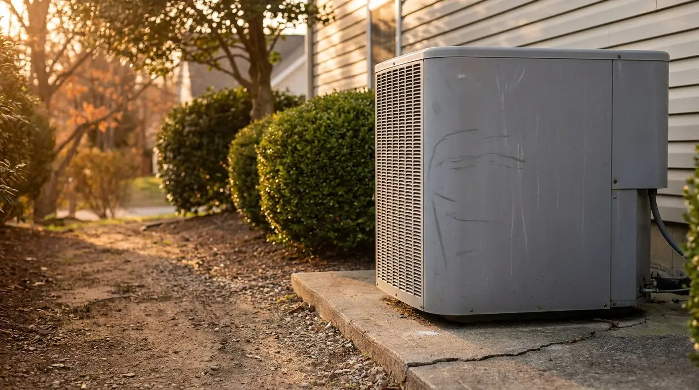 Outdoor HVAC unit beside a house surrounded by bushes in warm sunlight