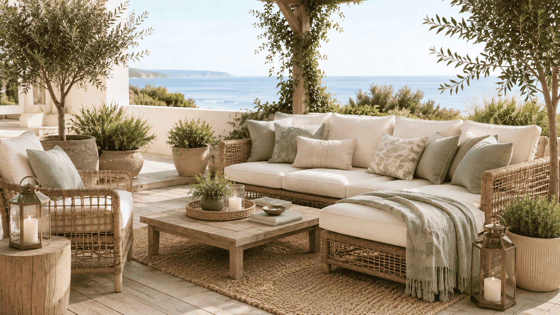 outdoor coastal retreat with woven furniture lanterns greenery and relaxing ocean inspired surroundings