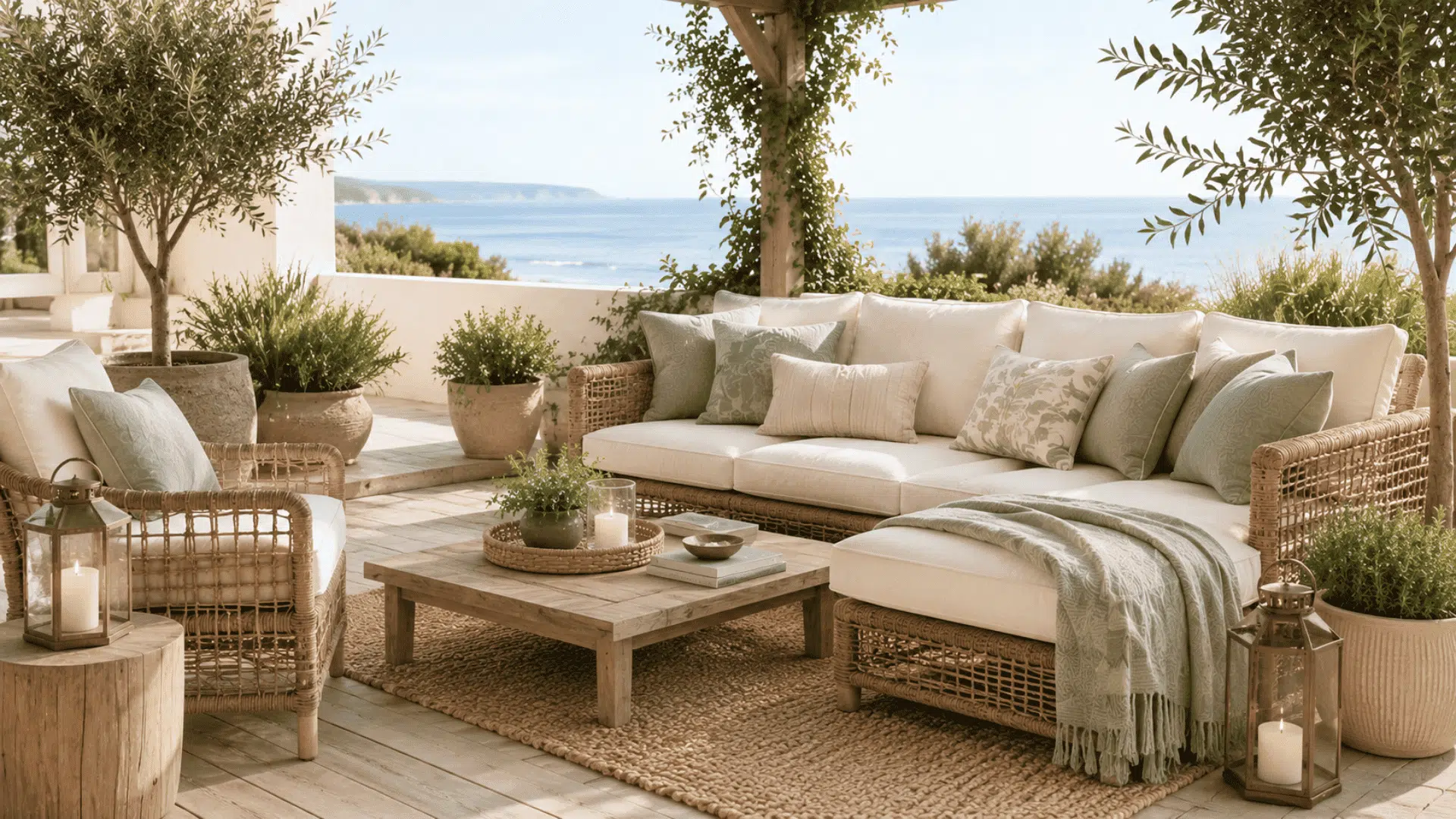 outdoor coastal retreat with woven furniture lanterns greenery and relaxing ocean inspired surroundings