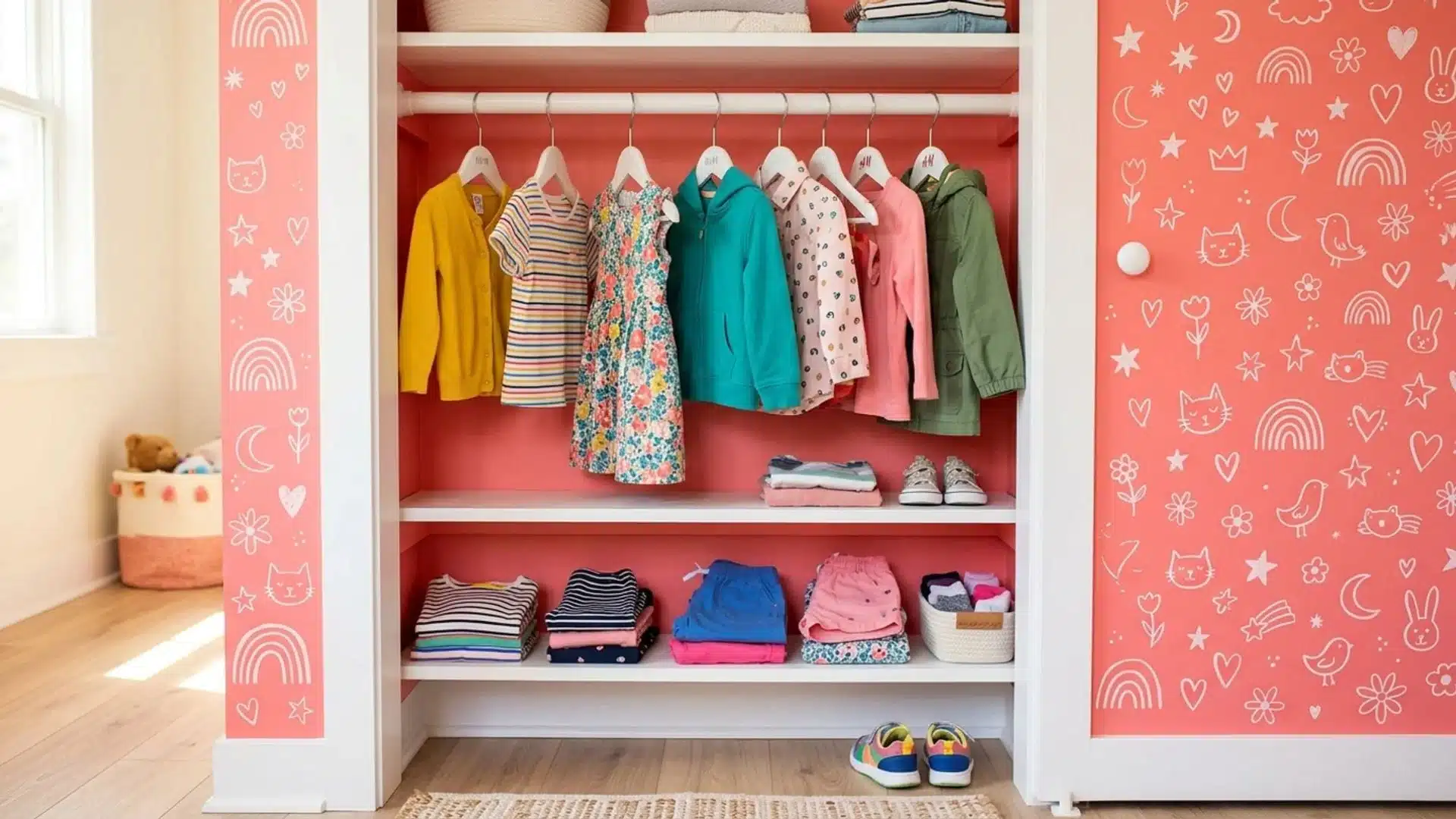 kids closet wall with white pegboard holding caps, kids bags, a backpack and wire baskets filled with small accessories