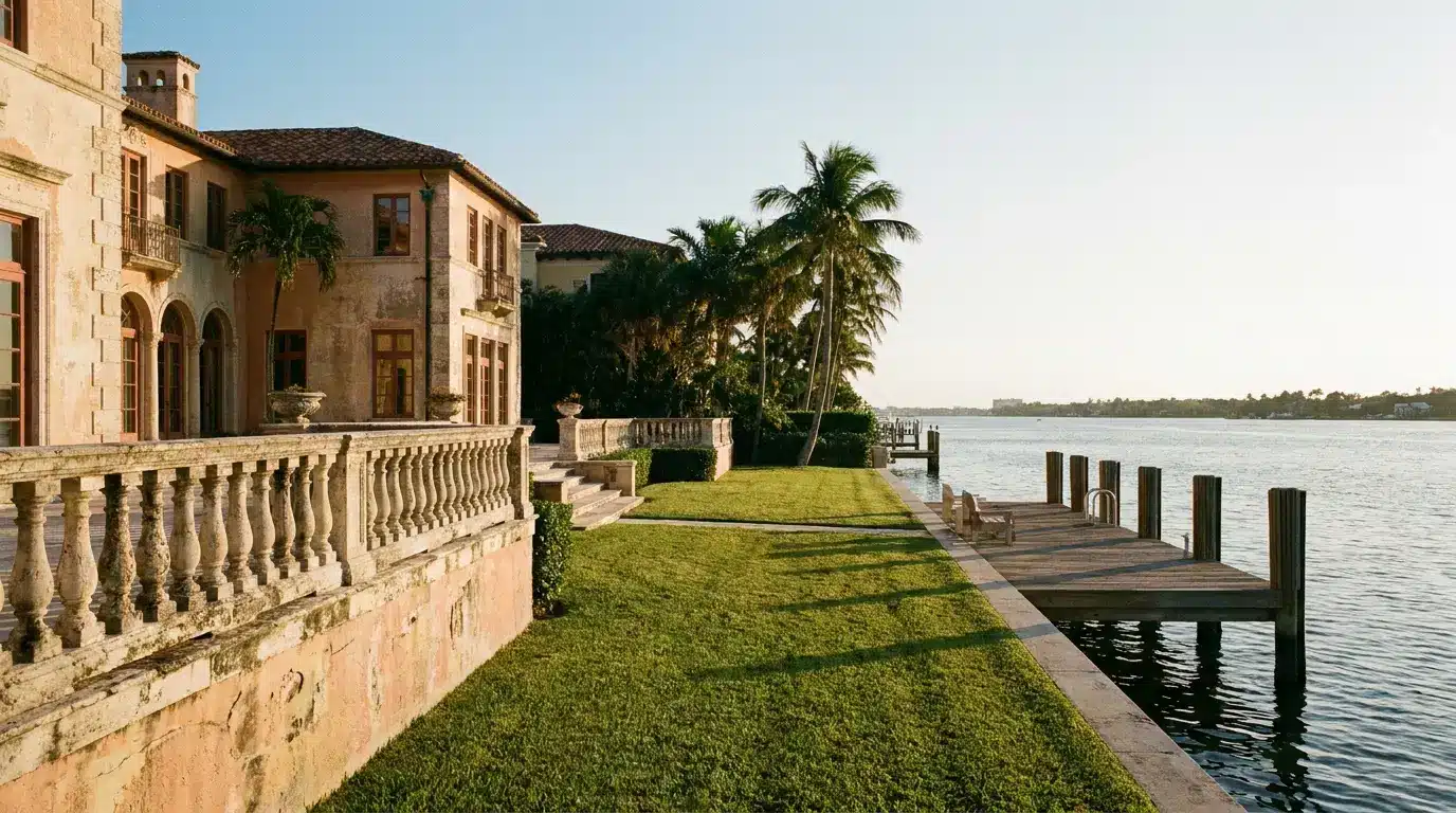 Historic waterfront mansion with stone balustrade, lush palm trees, wooden dock, and rippling water under clear sky