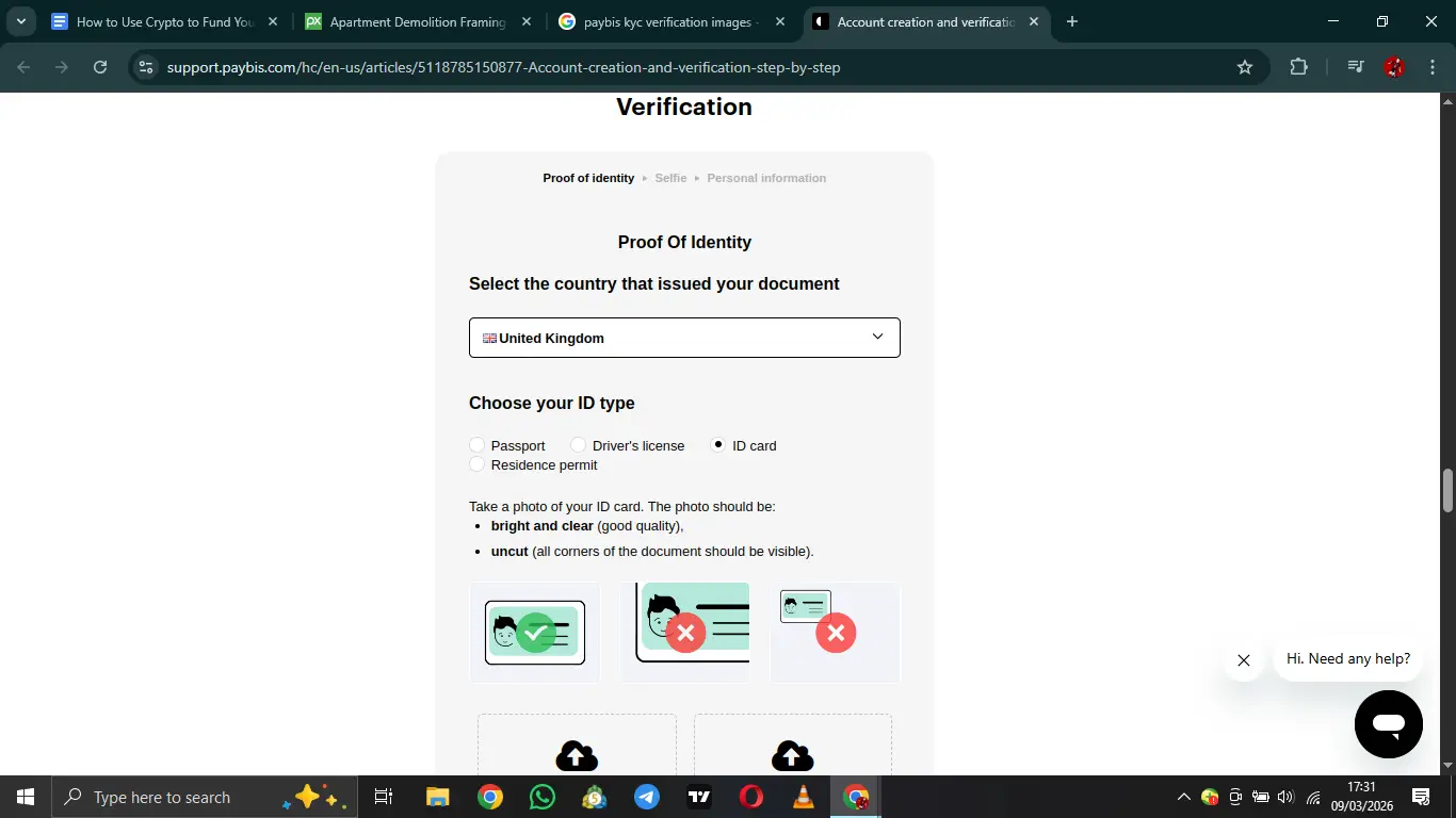 Verification form showing ID selection options with example images and upload instructions on a webpage