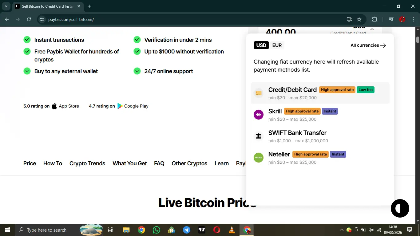 Payment options for exchanging Bitcoin showing credit card, Skrill, and bank transfer choices
