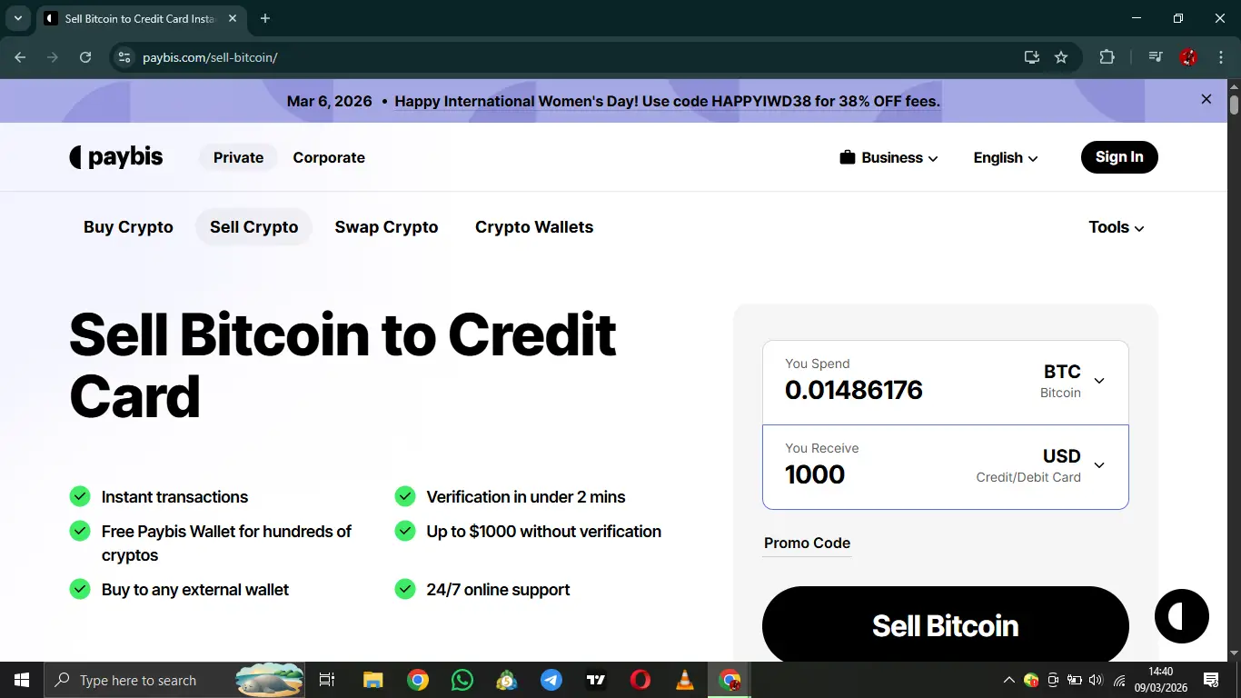 Cryptocurrency transaction page offering bitcoin to credit card sale options