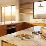 Modern kitchen with marble countertops, wooden cabinets, rolled blueprint, and tools in warm natural light