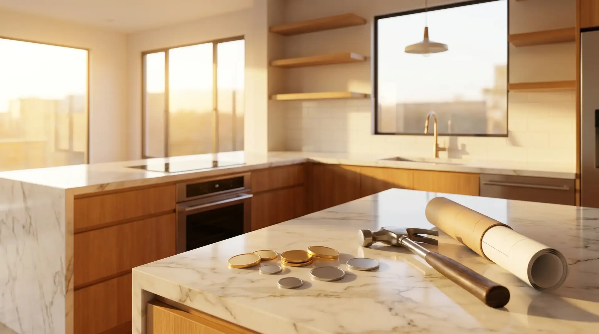 Modern kitchen with marble countertops, wooden cabinets, rolled blueprint, and tools in warm natural light