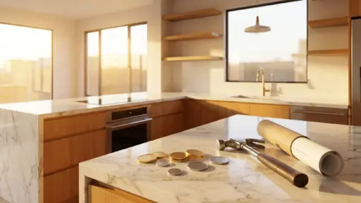 Modern kitchen with marble countertops, wooden cabinets, rolled blueprint, and tools in warm natural light