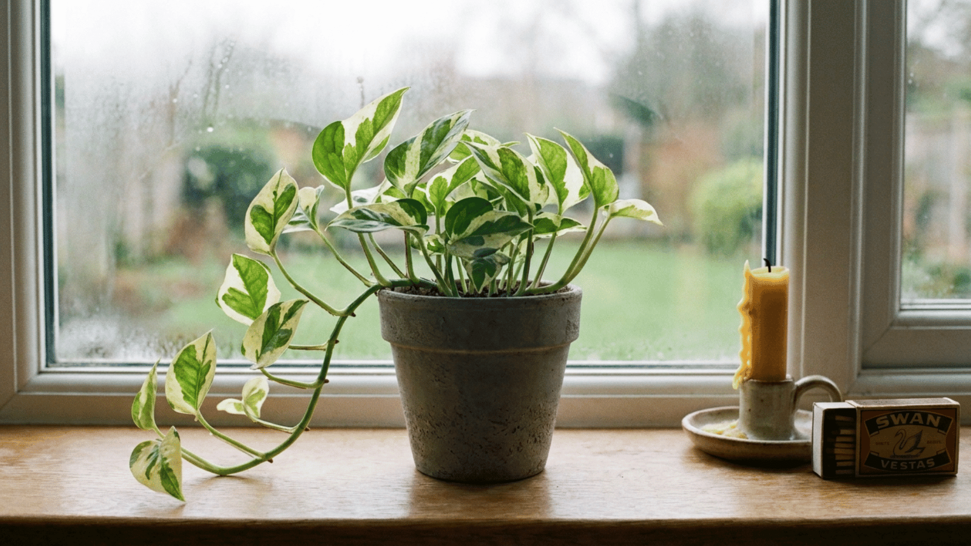 pearls and jade pothos on a windowsill in a gray pot