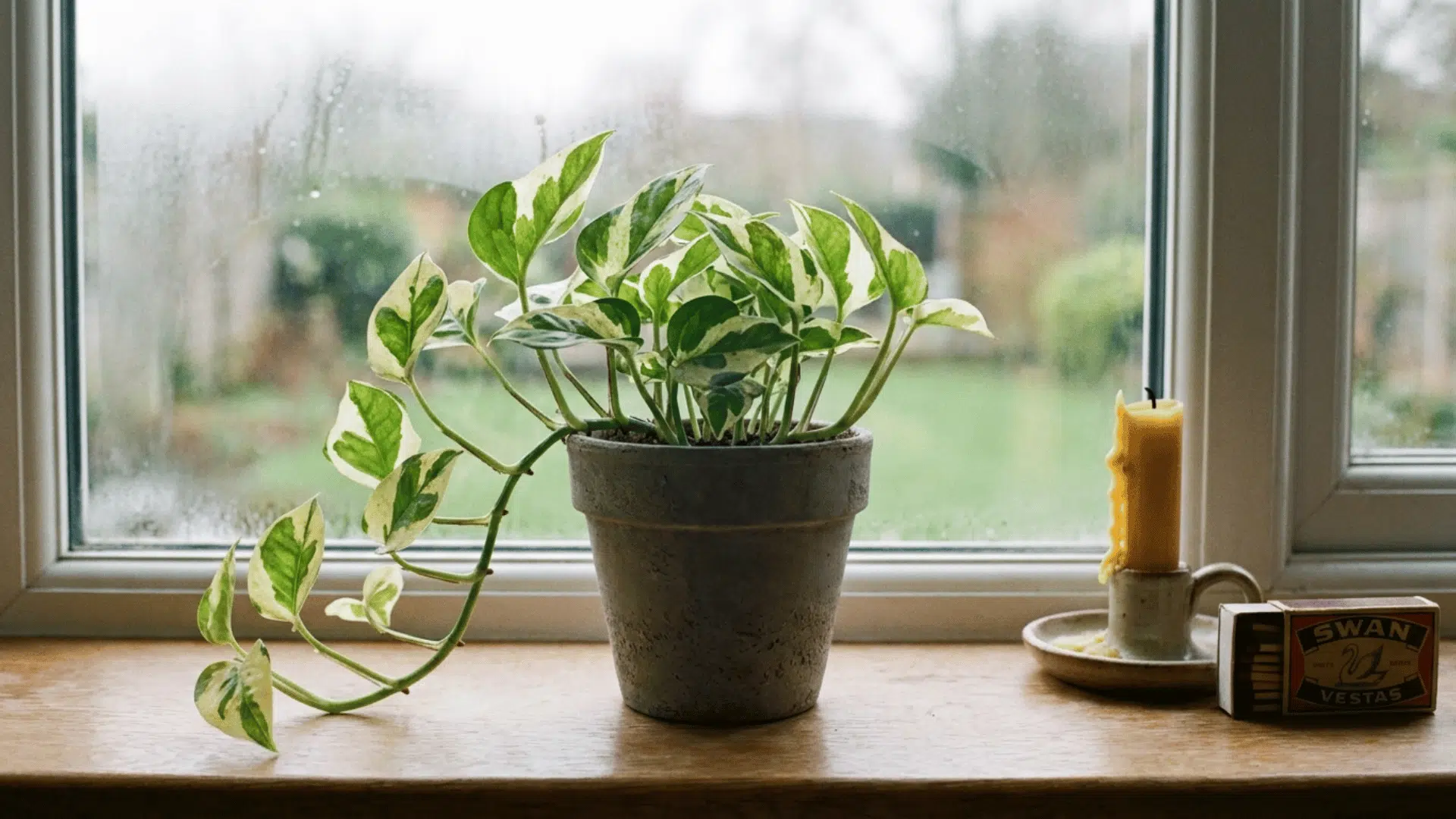 pearls and jade pothos on a windowsill in a gray pot