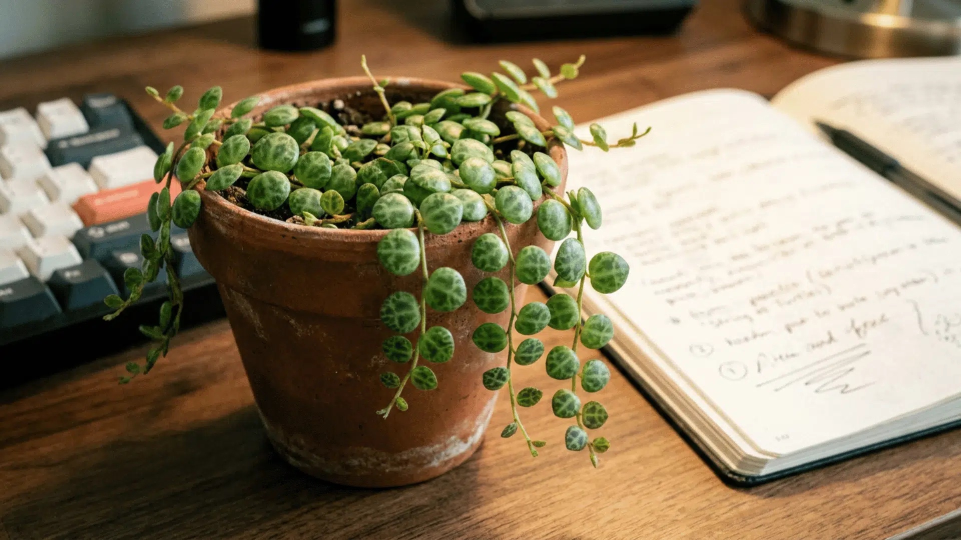 peperomia string of turtles with patterned round leaves on a desk