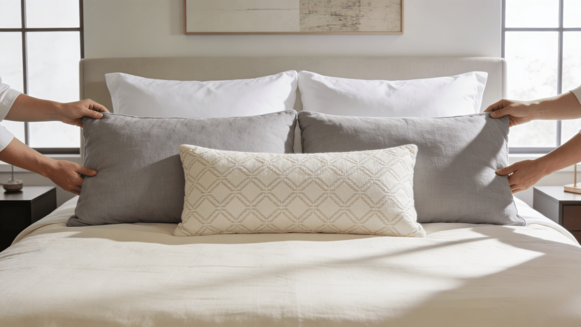 person arranging pillows symmetrically on bed with layered placement for a structured hotel style look