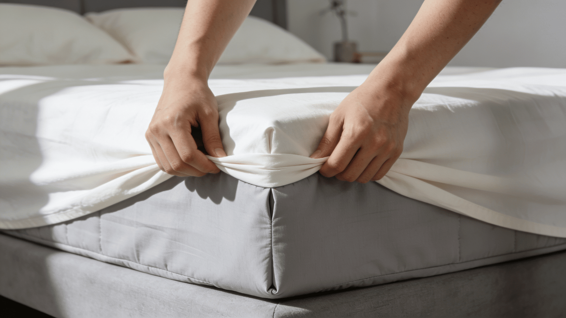 person creating hospital corners while tucking flat sheet tightly under mattress for crisp bed edges