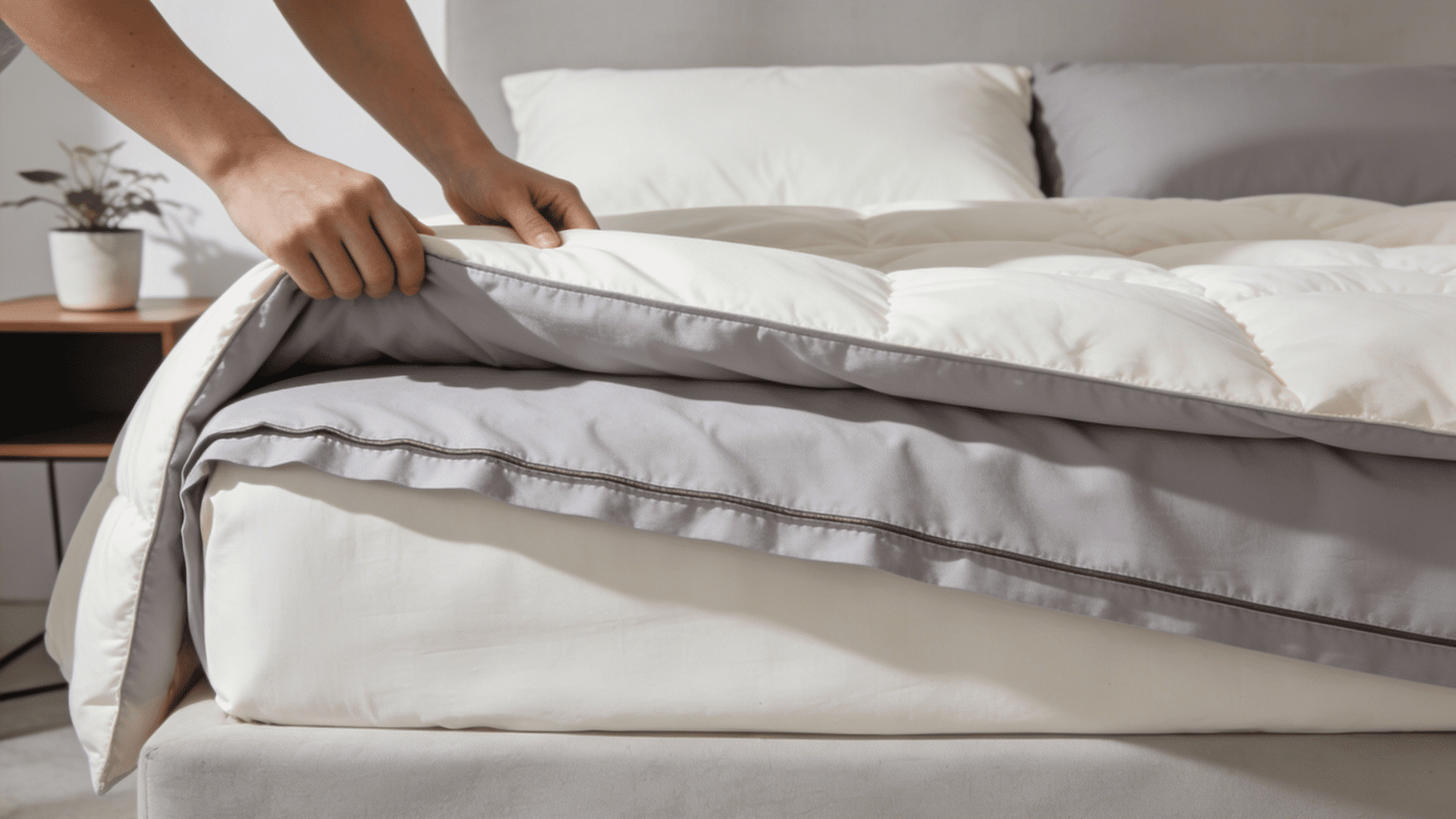 person folding duvet and top sheet downward neatly creating a crisp hotel style bed finish