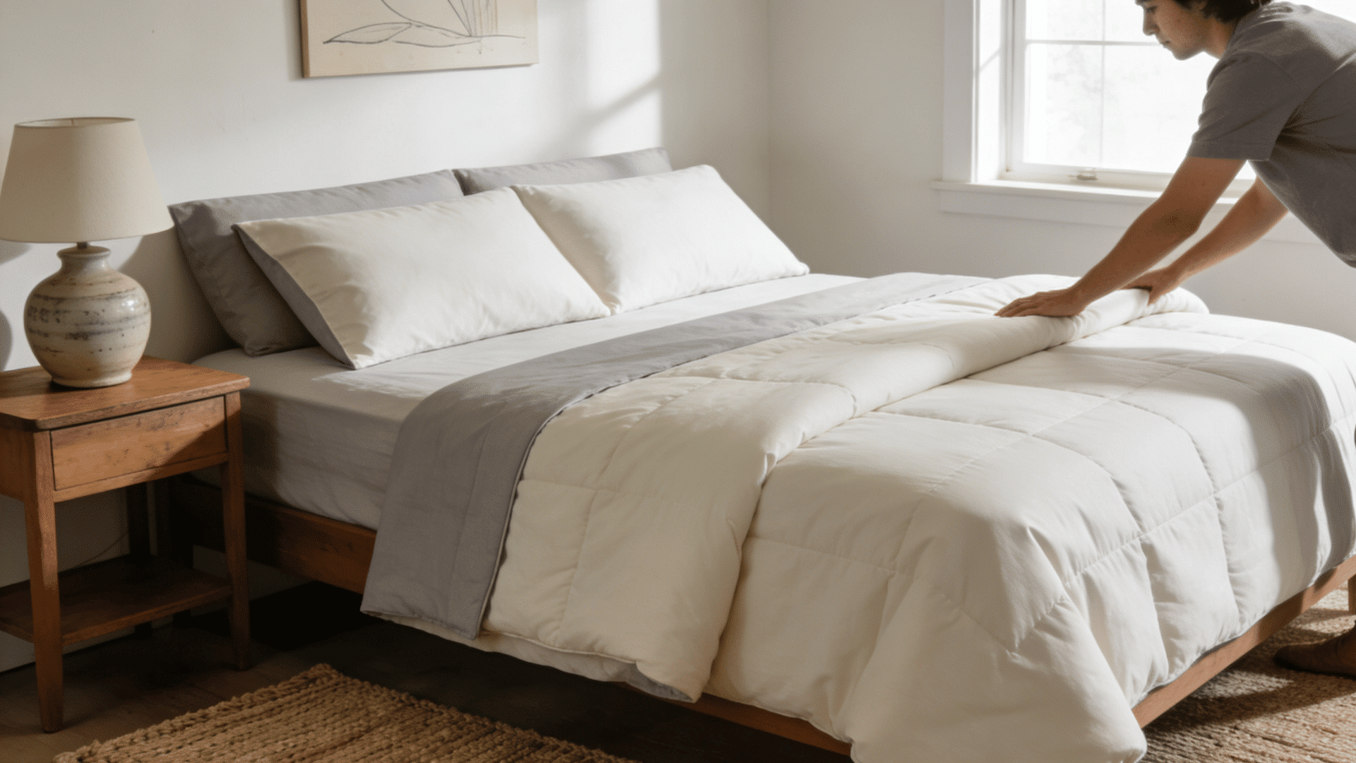 person placing duvet evenly on bed below pillow line for balanced hotel style bedding layers