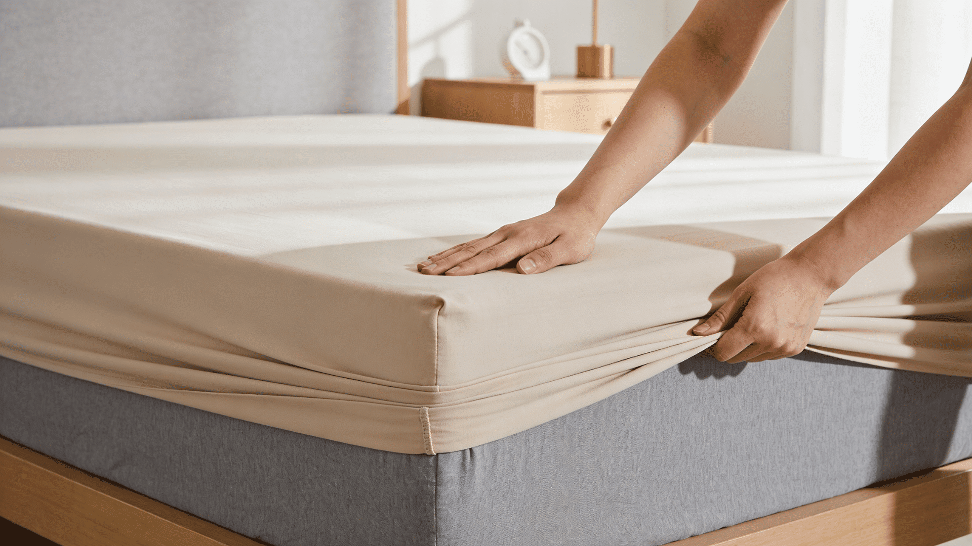 person pulling fitted sheet tightly across mattress while smoothing wrinkles for a clean hotel style bed base